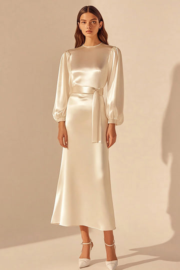Satin Sheath Bateau Ivory Long Engagement Dress with Sash